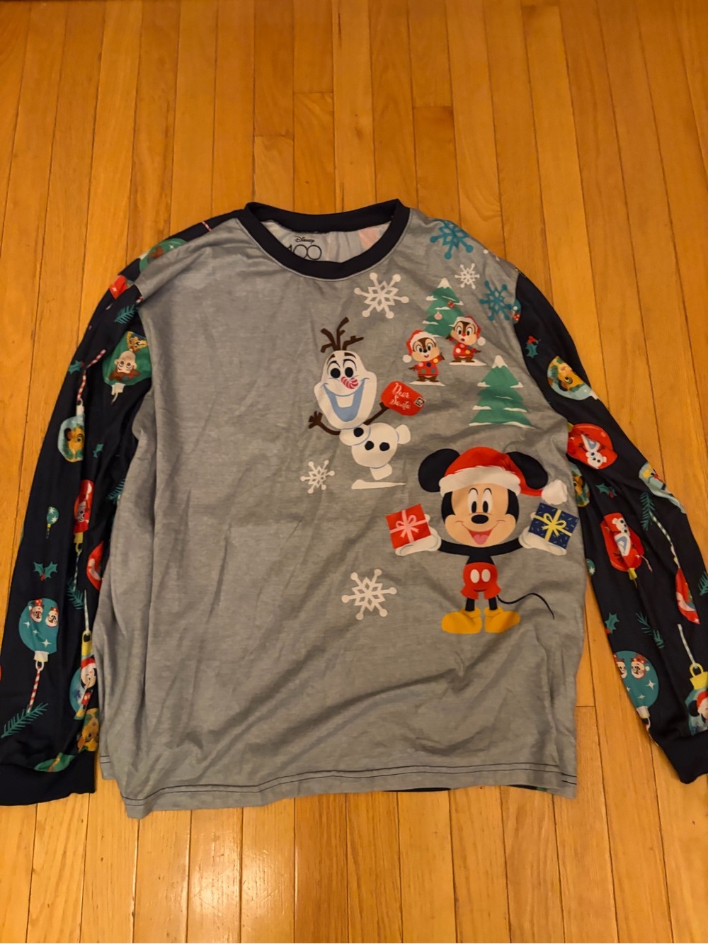 Disney 100 Mickey & Friends Holiday Long Sleeve Tee top - Gray & Navy